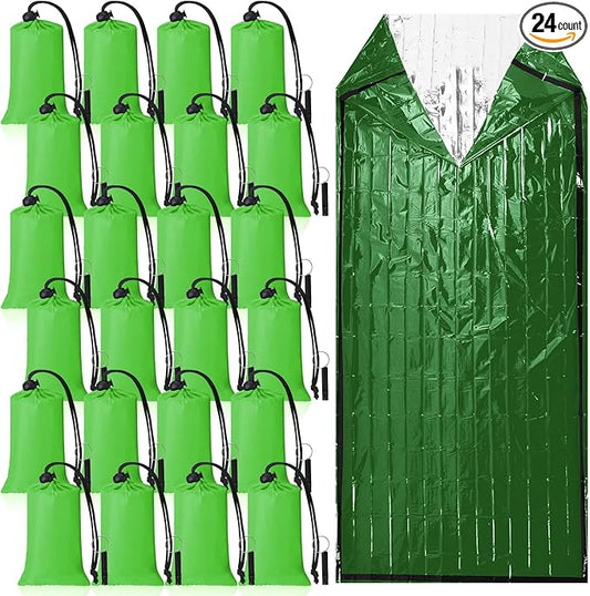 Qunclay 24 Set Emergency Sleeping Bag Survival Bivvy Sack Blanket with Whistles Lightweight Portable Thermal Survival Bag Thick with Hood Extension Nylon Stuff Sack for Camping Hiking Outdoor