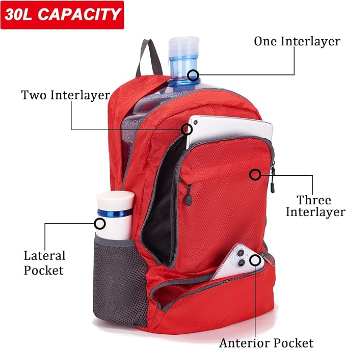 YZAOLL 30L Hiking Backpack Lightweight Day Packs, Packable Backpack for Women Men Travel Camping Vacation,Burgundy