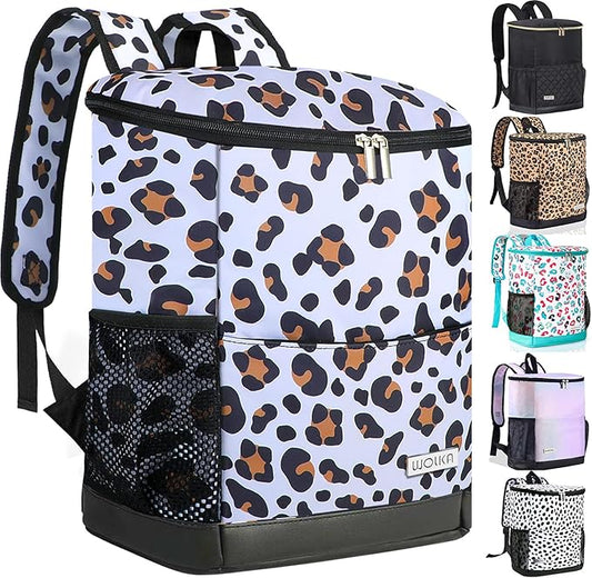 Wolka Cooler Backpack 30 Cans,Portable Backpack Coolers Insulated Leak Proof,Waterproof Soft Sided Cooler Bag for Travel,Beach,Camping,Picnic,Lunch Backpack for Women (Snow Leopard)