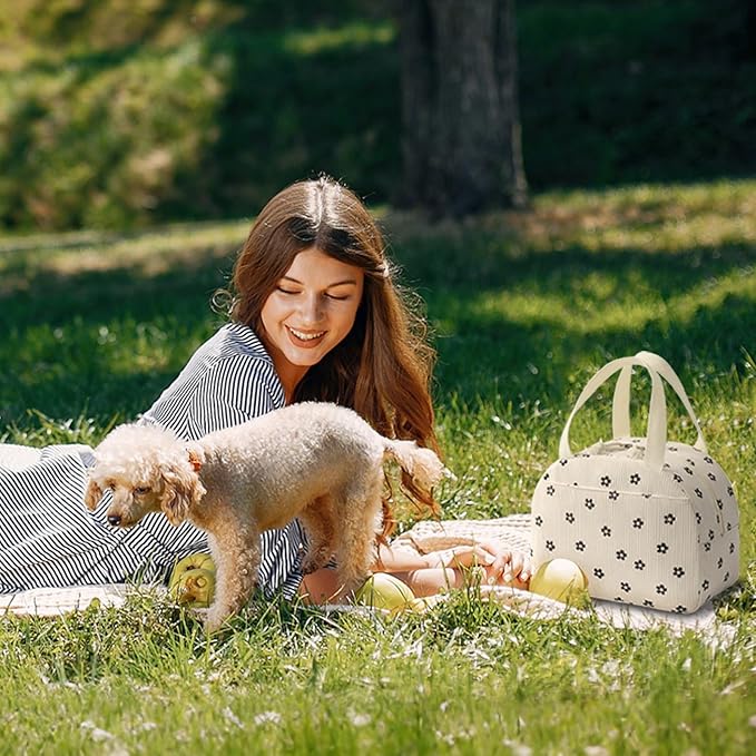 Lunch Bag for Women Men Cute Corduroy Lunch Tote Bags Reusable Insulated Lunch Box Large Capacity Reusable Insulated Cooler for Work/Picnic/Travel