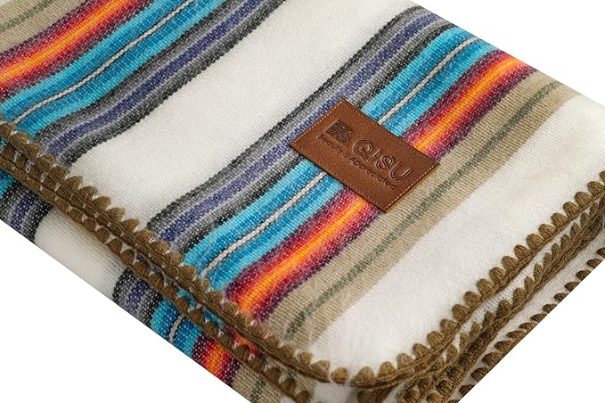 QISU Alpaca Wool Blanket Throw | Large, Beautiful, Warm, Variegated | 85 x 65 inches | Ultra-Soft, Hypoallergenic and Breathable | Non-Itchy or Scratchy Fabric (White Blue Variegated)
