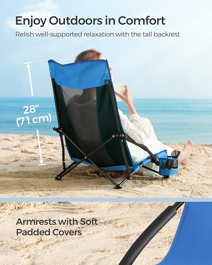 SONGMICS Camping Chair, Portable Outdoor Beach Chair, with High Backrest, Cup Holder, Lightweight, Heavy-Duty, Max. Load 330 lb, Blue UGCB061Q02