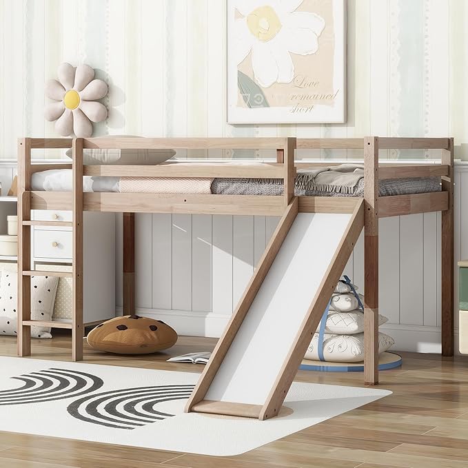 KEIKI Twin Low Loft Bed with Slide & Ladder, Rubber Wood, Underbed Storage, Guardrails, White Oak