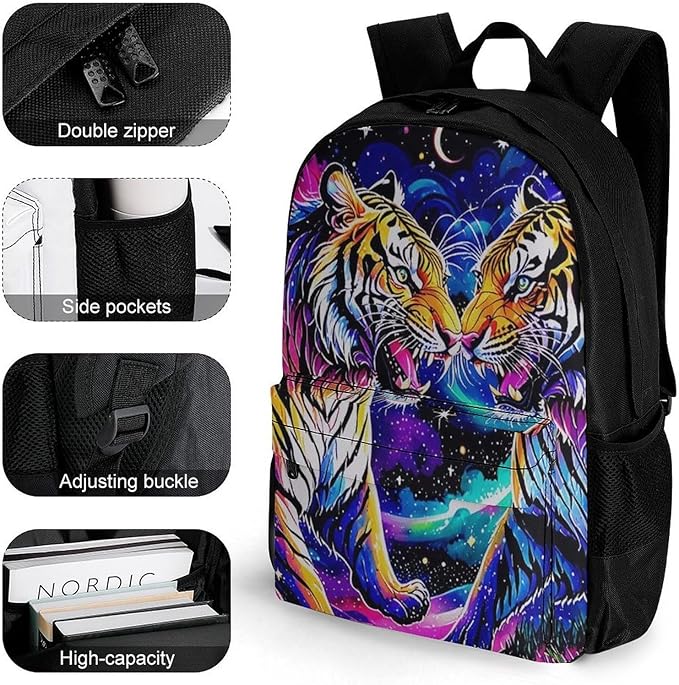 Supdreamc Daypack Backpack Anti-Theft Multipurpose Big Capacity Bookbag, Cool Tiger Universe Surreal Style Art Business Computer Bag With Side Pockets