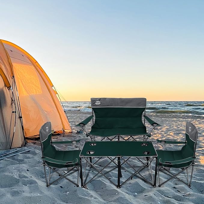 Oversized 4 Pcs Camping Chair Set with Table,Outdoor Folding Heavy Duty Lawn Chair,Cup Holder,Portable,Loveseat Chair Perfect for Family Hiking,Picnics and Beach Trips,Dark Green
