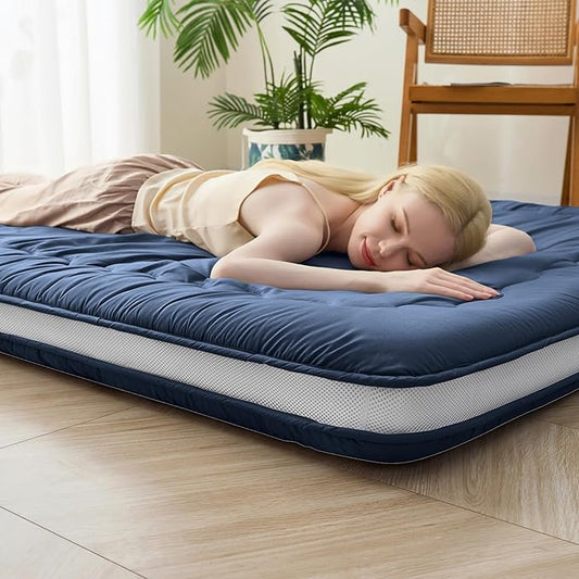 Japanese Floor Futon Mattress Twin Size, 4" Thicken Foldable Mattress Tatami Mat Sleeping Pad, 32D Foam Filled Traditional Shiki Futon (shikibuton), Designed in Japan (Navy Blue 39"x 80")
