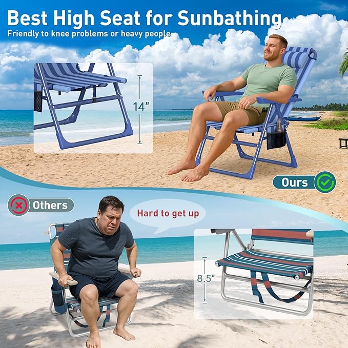 Suteck Backpack Beach Chairs for Adults 2 Pack, 6-Position Folding Reclining Chair with Cooler Bag & Cup Holder, Lightweight Portable Beach Chair for Camping, Outdoor, Sand, Travel Use