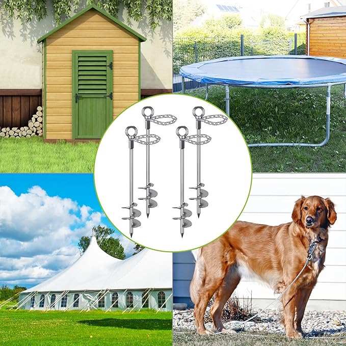30'' Ground Anchors Screw in with Chain, Heavy Duty Trampoline Stakes, 4pcs Trampoline Anchors, Mobile Home Anchors for Camping Tents, Carports, Sheds, Swing Sets