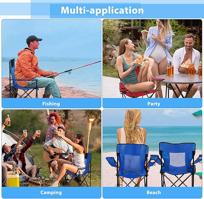 Shellwei 2 PCS Folding Camping Chair with Cupholder and Carry Bag Regular Size Colorful Breathable Portable Lightweight Lawn Chair with Side Pocket for Fishing Hiking Beach Outdoor Activity