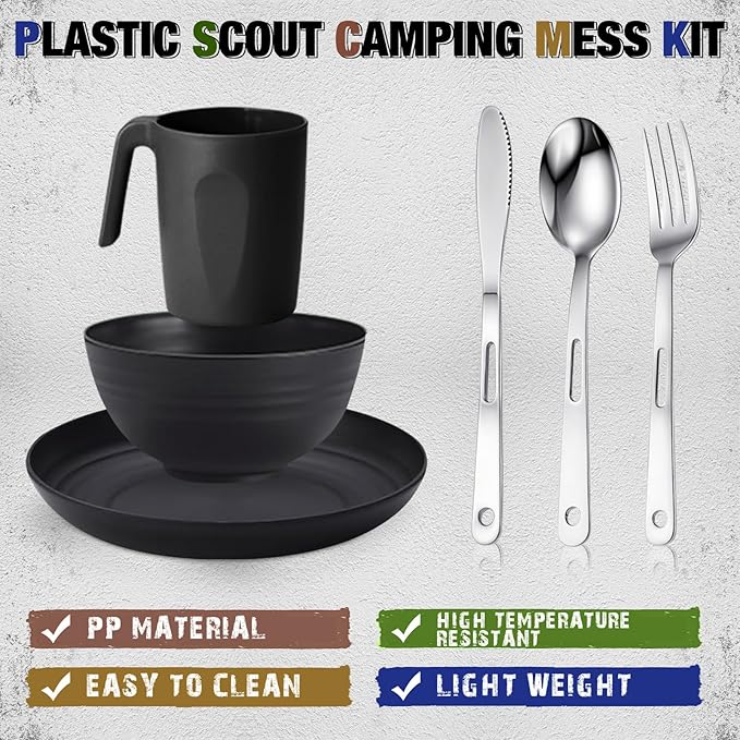 Scout Camping Mess Kit for 1 Person Boy Scout Dishes Set Girl Scout Mess Kit with Mesh Bag Reusable Light Weight Eating Utensils Plastic Camping Cutlery Set for Travel Camp