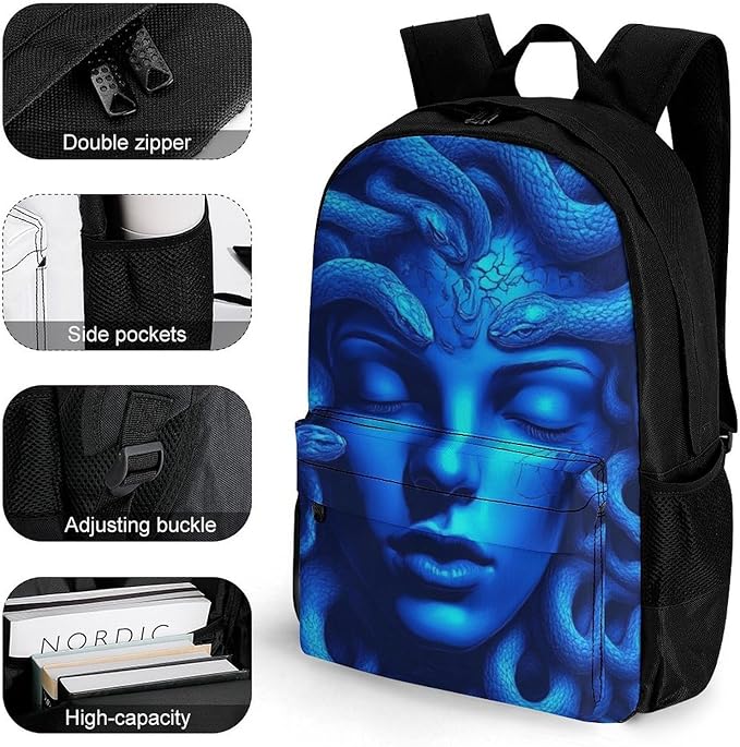 Casual Daypack Multipurpose Anti-Theft Large Capacity Carry On Bag, Greek Goddess Snake Queen Medusa Art Blue Casual Daypack Climbing Shoulder Bag With Padded Straps