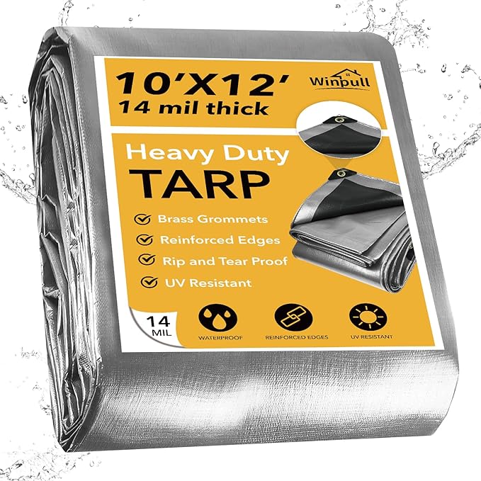 Tarp 10x12 Feet 14 Mil Heavy Duty Waterproof Tarp, Large Multipurpose Cover with Brass Grommets and Reinforced Edges, UV Resistant Thick Poly Tarps for Outdoor Camping Tent Pool Car