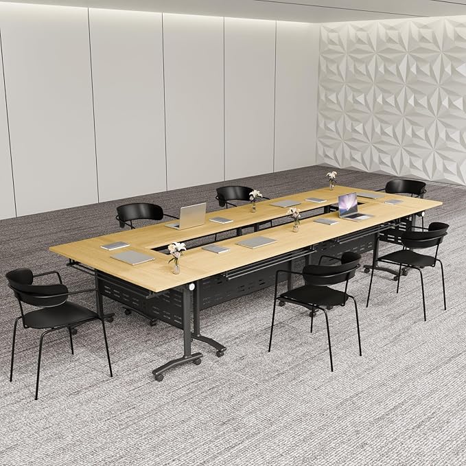 Modular Conference Room Table, Folding Seminar Desk with Wheels, Large Mobile Office Meeting Table for Classroom Training, Flip-Top Stackable Conference Tables,8 Packs Maple Color