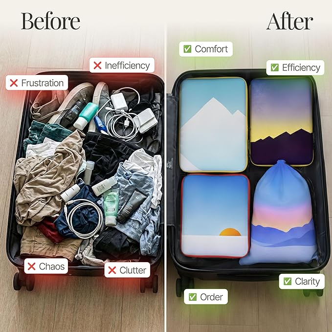 Well Traveled 8 pcs Compression Packing Bags Cubes Set with HybridMax Double-Capacity Design - Packing Cubes for Travel Compression to Maximize Limited Luggage Space, Vista