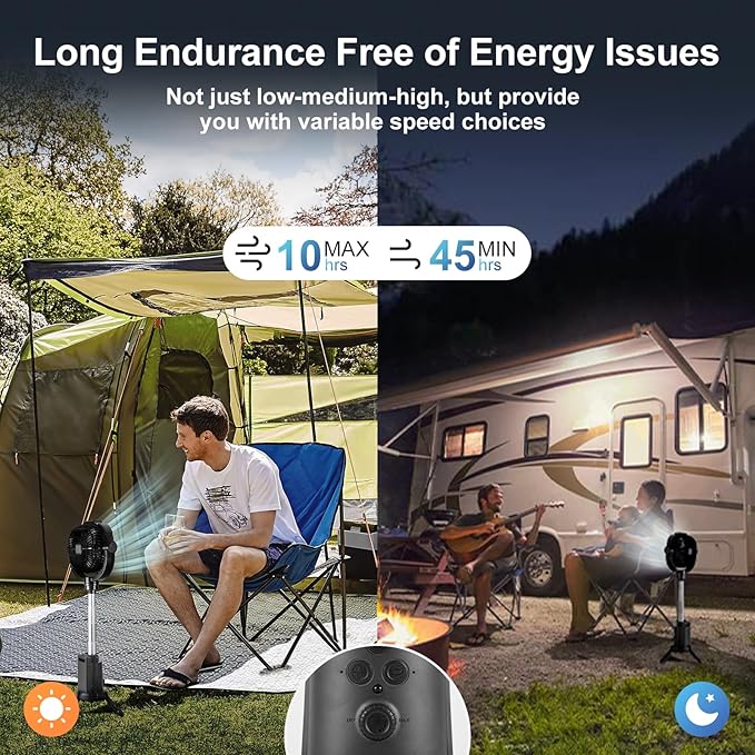 Odoland 20000mAh Camping Fan with Lantern, 360° Oscillation Rechargeable Battery Operated Outdoor Power Fan with Remote, Hook ＆ RGB Light for Camp, Family Travel and Jobsite, Black