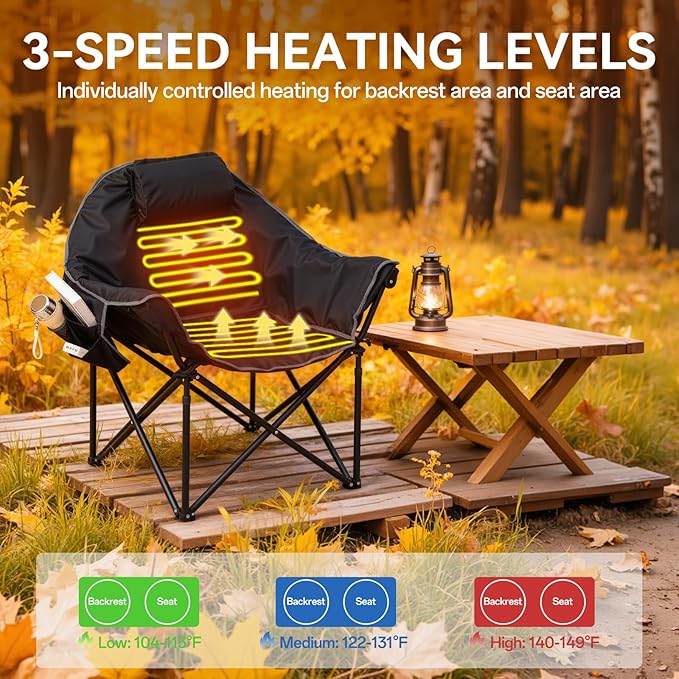 Oversized Heated Camping Chairs, Camp Chair for Adults with Back and Seat Heating, Portable Folding Chair with Pillow & Carry Bag for Outdoor Sports, Support 500lbs, Battery NOT Included