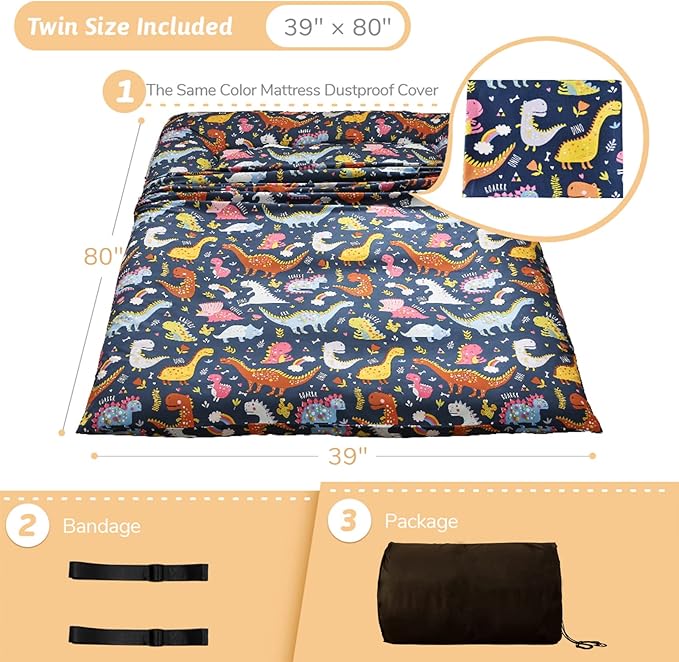MAXYOYO Dinosaur Japanese Floor Futon Mattress for Boys Girls, Thicken Tatami Mat Sleeping Pad Foldable Bed Roll Up Mattress Floor Lounger Bed Couches and Sofas for Kids Twin Size