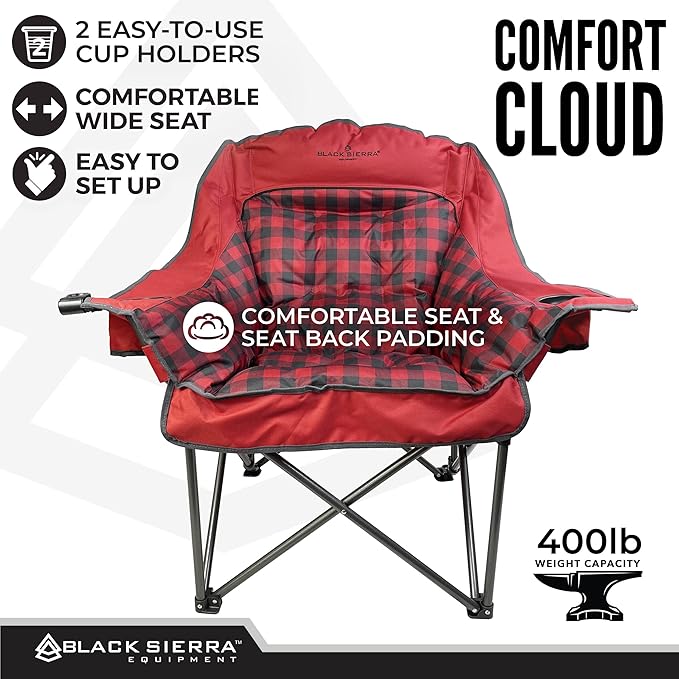 Black Sierra Plush XL Camping Chair for Adults, Oversized Outdoor Folding Chair Supports 400 lbs, Heavy Duty Padded Seat with Cup Holders and Carry Bag, Perfect for Tailgating, Sports, or Patio Use