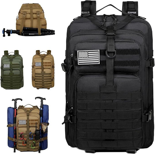 45L Military Tactical Backpack for Men, Large 3-Day Assault Pack MOLLE Rucksack, Waterproof Survival Bug Out Bag for Hiking, Camping, Hunting, Gym & Work, Includes US Flag Patch - Stealth Black