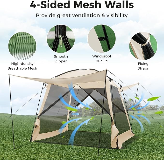 KOTEK 10 x 10 Ft Screen Tent, Easy Setup Screened in Canopy with 4 Mesh Walls, 2 Vestibules, 2 Zippered Doors & Carry Bag, Portable Screen House for Backyard Patios Outdoor Camping Activities