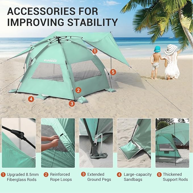 Elegear CumbreX™ Beach Tent with 360° Removable Canopy, 4-6 Person Pop Up Sun Shade Shelter, UPF 50+ Automated Installation Double Silver Coating Portable Lightweight Beach Cabana for Outdoor - Green