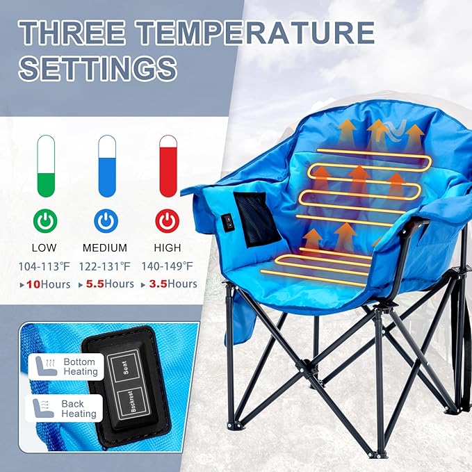 ABORON Oversized Heated Armrest Camping Chair, Portable Heated Folding Recliner Chair with 3 Heat Settings, Fully Padded Heavy Duty Chair Supports Up to 400 lbs, Perfect for Outdoor Adventures