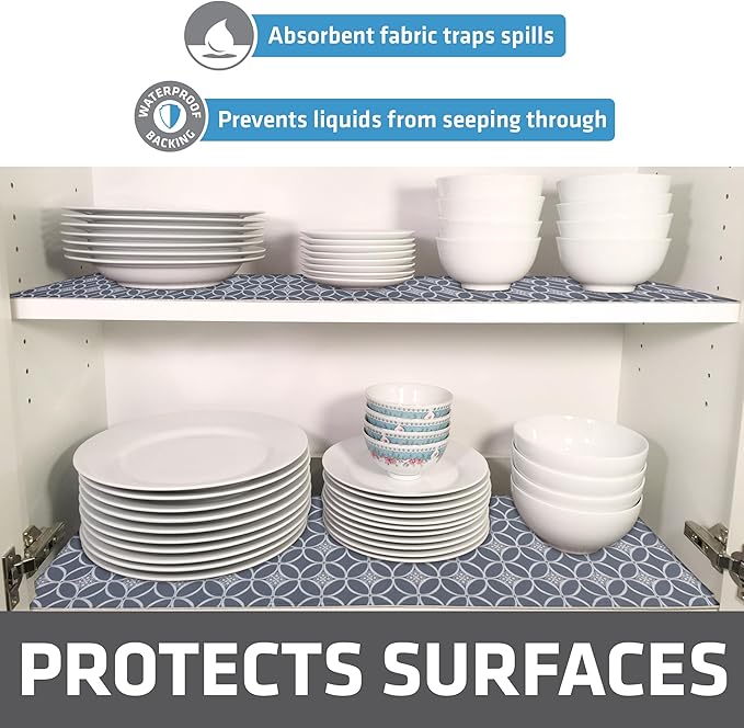 Drymate Premium Luxury Shelf & Drawer Liner, Thick Cushioned Fabric, Non-Adhesive, Absorbent, Waterproof, Slip-Resistant, Liners for Kitchen Cabinets, Cupboards (USA Made)(12”x59”)(2-Pack)(IndigoGrey)