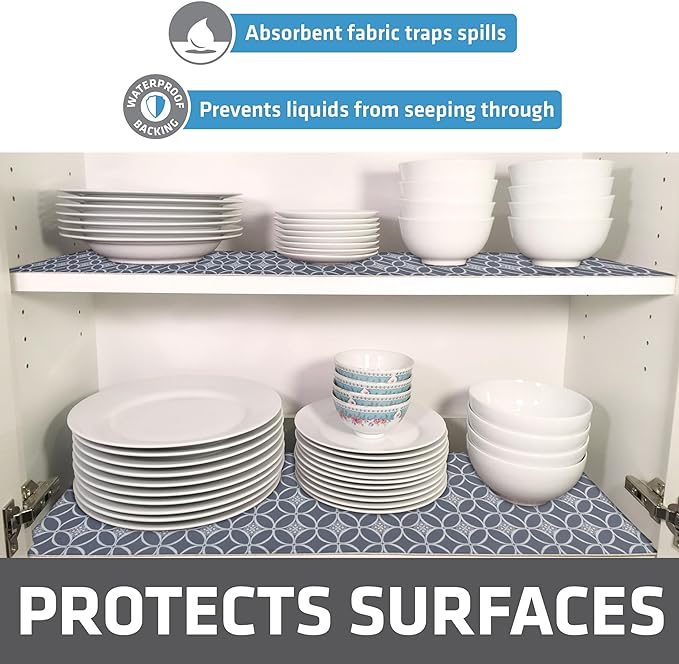 Drymate Premium Luxury Shelf & Drawer Liner, Thick Cushioned Fabric, Non-Adhesive, Absorbent, Waterproof, Slip-Resistant, Liners for Kitchen Cabinets (USA Made)(12”x59”)(24-Pack)(IndigoGrey)