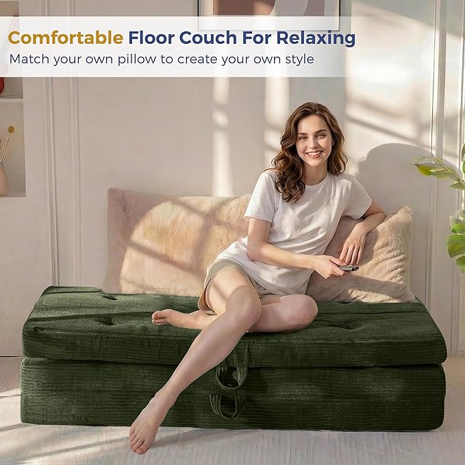 MAXYOYO Folding Mattress, 4 Inch Tufted Foldable Mattress Full Foam Bed, Tri-Fold Floor Couch with Handles Guest Bed Topper Portable Camping Mat with Corded Fabric, Queen Size, Dark Green