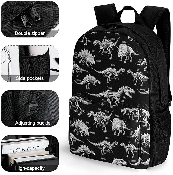 Daypack Backpack Multipurpose Anti-Theft Large Capacity Bookbag, Jurassic Cool Dinosaurs Skull Skeleton Black Travel Hiking Camping Rucksack With Adjustable Shoulder Straps