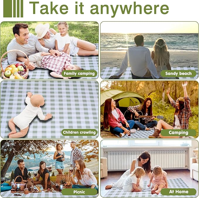 80"x80" Extra Large Waterproof Outdoor Mat - Sandproof Foldable Picnic Blanket for Family Camping, Backyard, Beach Parties - Heavy Duty & Easy Storage (Green&White)