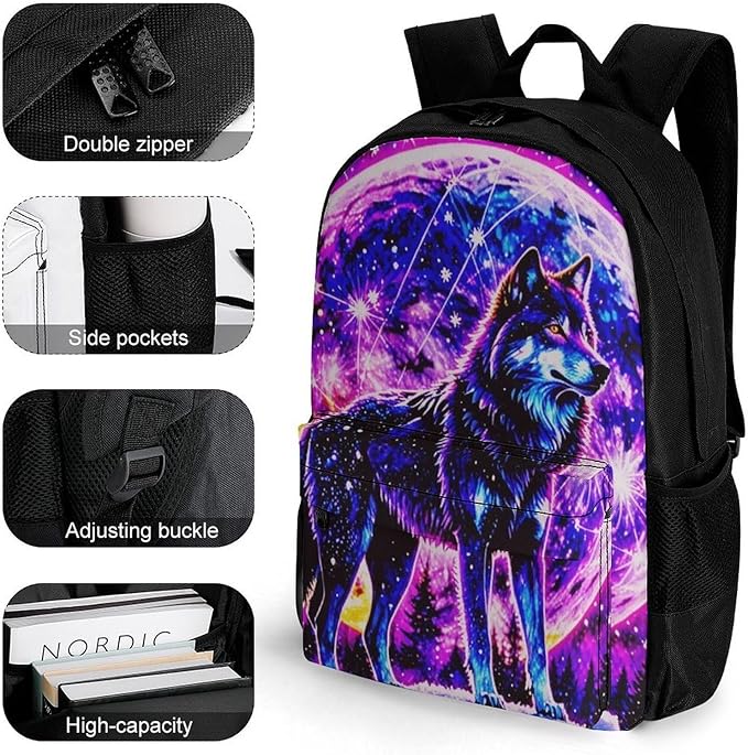 Supdreamc Daypack Backpack Anti-Theft Multipurpose Large Capacity Carry On Bag, Trippy Wolf Space Galaxy Art Traveling Camping Backpack With Side Pockets