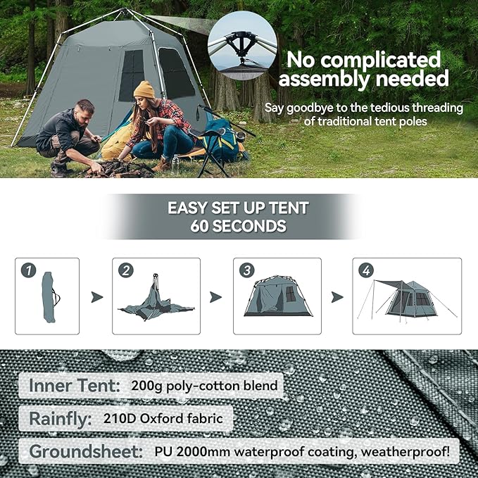 Instant Pop-Up Camping Tent with Removable Sunshade - 3-4 Person Dome Tent with UV Protection & Ventilation, Waterproof Windproof for Beach, Hiking, Outdoor.