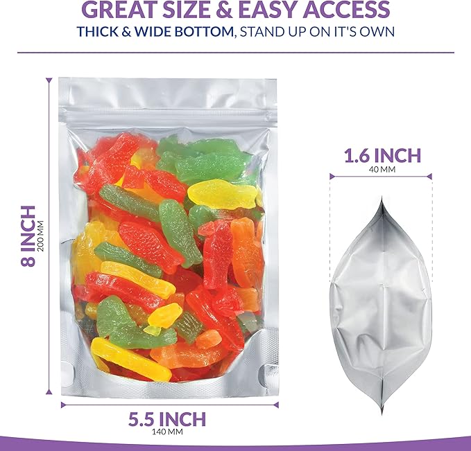 Stand Up Mylar Bags 5.5” x 8” +1.6" Heat Seal For Candy & Food Packaging, Medications And Vitamins - 100 Sealable Mylar Ziplock Bags with Gusset Bottom - For Liquid And Solids (5.5” x 8” + 1.57”)
