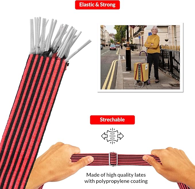 dbest products Trolley Dolly High-Tension Power Adjustable 63' Flat Bungee Cord 4 Pack with Hooks and Buckle Heavy Duty Elastic Strap Max Stretch Tie Downs Moving Outdoor