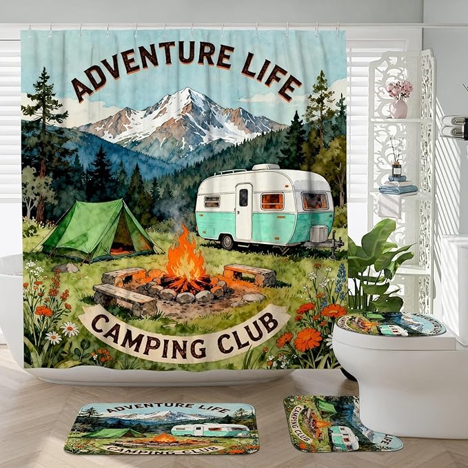 Mountain Shower Curtain Sets, Outdoor Adventure Tent Campfire Summer Green Polyester Waterproof Bathroom Sets with Shower Curtain and Rugs Decorative for Toile Guest Room 72x72 Inch