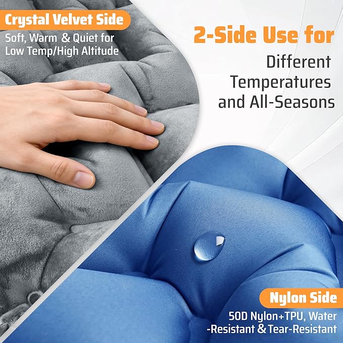 4" Thick Double-Sided Inflatable Sleeping Pad | Warm Crystal Velvet Top for Cold Weather, Waterproof Nylon Bottom | All-Season Camping Mattress for Backpacking, Hiking, Tent & Car Travel