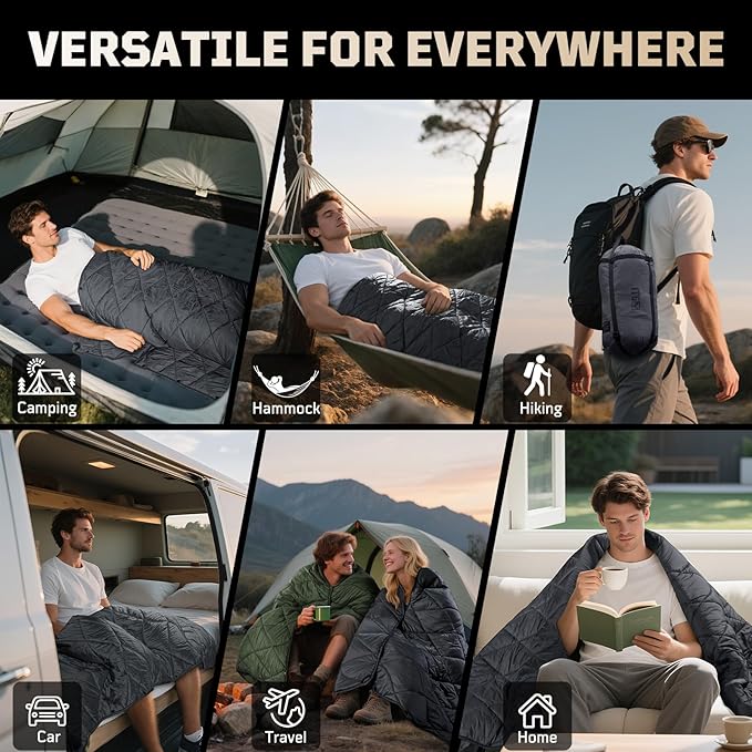 Camping Blanket - Packable, Ultra Warm and Lightweight with Snap Button Backpacking Quilt Water-Resistant, for Sleeping, Outdoors, Travel, and Indoor Use - Large/Gray