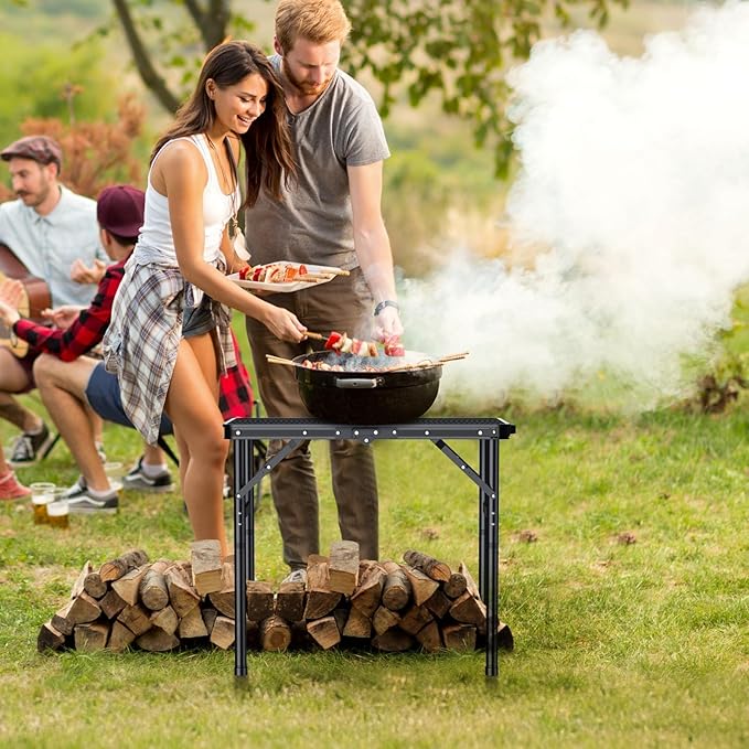 2ft Folding Grill Table Max 29.5", 3 Adjustable Heights Metal Threaded More Stable Lightweight Camping Table Heat-Resistant with Handle, for Cooking BBQ Outdoor Travel, 22.8" X 16", Black