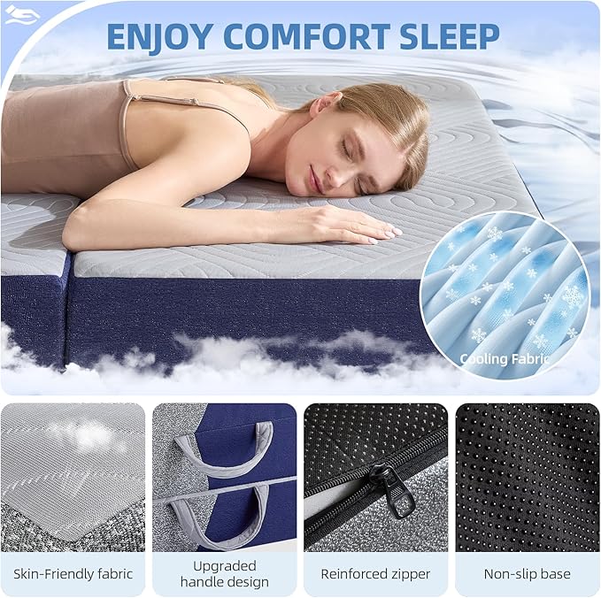 Cooling Foldable Mattress, 6 Inch Memory Foam Mattress/Topper with Cold Breathable Effect, Trifold Mattress for Murphy Bed, Portable Folding Floor Bed for Guest, Camping, Travel, Yoga - Twin