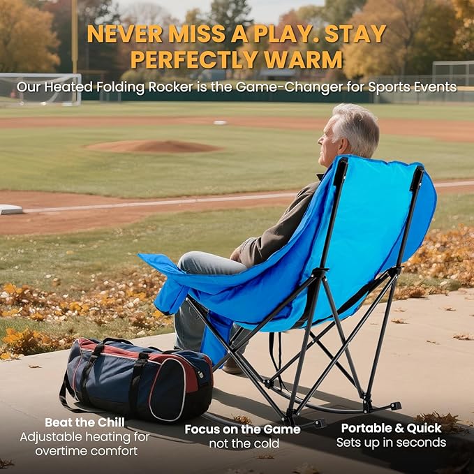 Begonia.K Oversized Heated Rocking Camping Chair - 400lbs Capacity Padded Camping Recliner w/ 3 Levels Back Seat Heat - Folding Lawn Chair with Side Pockets for Camp Patio Backyard