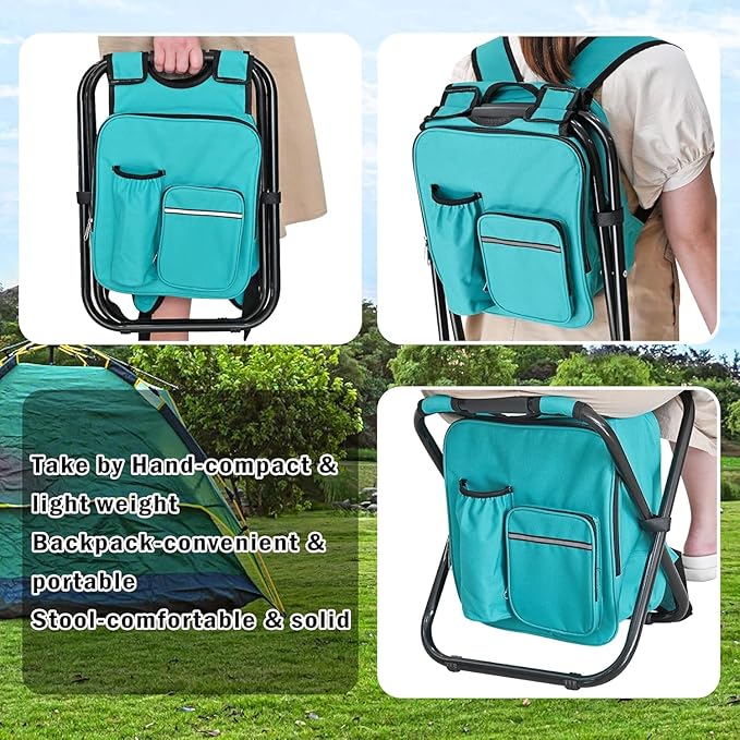 Kikerike Backpack Stool Cooler Chair Heavy Duty 300 LBS Max Load Portable Lightweight Stool Backpack Folding Fishing Cooler Seat for Camping Hunting Fishing - Blue-Green