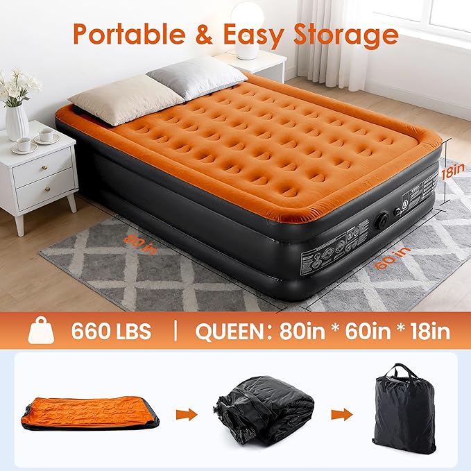 Camping Air Mattress Queen with Built in Pump 18" Thickness 660lbs Heavy Duty Comfortable Blow up Air Mattress with Carry Bag Inflatable Foldable Flocked Top Air Bed for Travel, Home (Black & Orange)