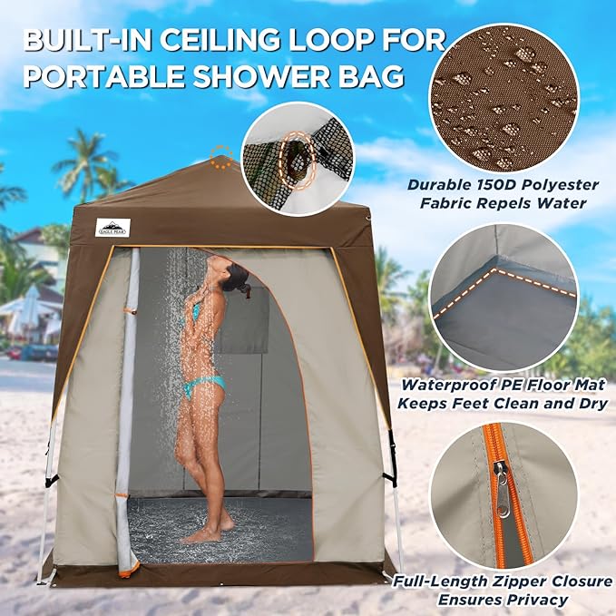 EAGLE PEAK 5x5 Pop Up Privacy Tent with Ground Mat, Portable Changing Room & Outdoor Shower Tent, Portable Canopy for Camping, Pool, Photoshoots or Toilet Shelters 6x6 Base 5x5 Top (Beige/Brown)
