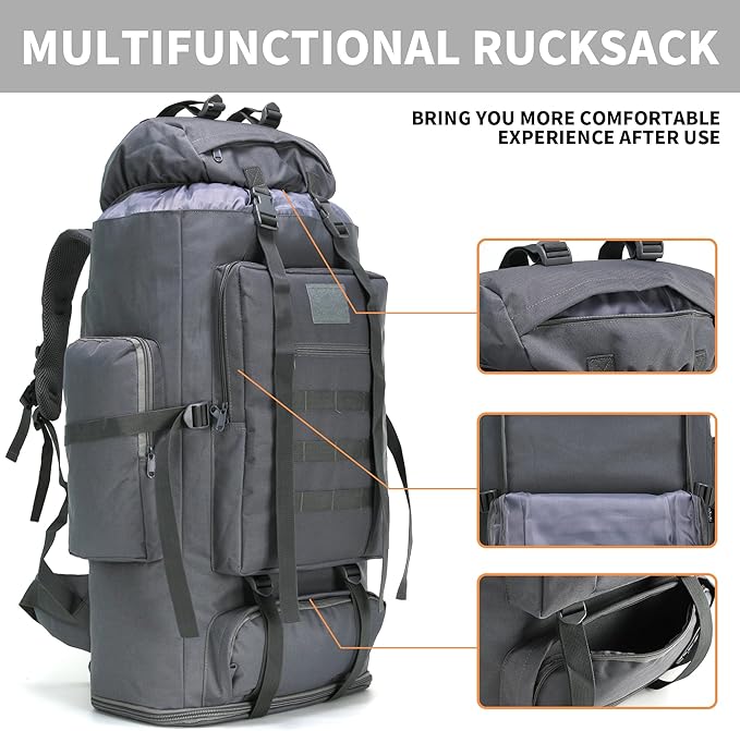 100L Hiking Camping Backpack MOLLE Rucksack Waterproof Daypack (Grey)