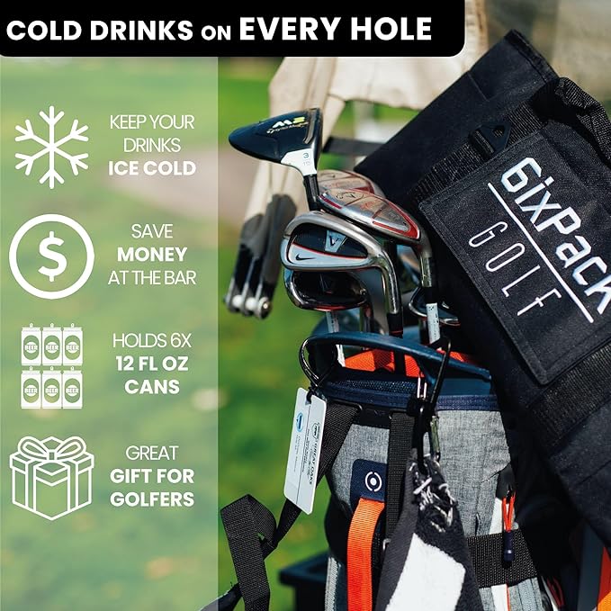 Golf Cooler Bag Plus 2 Ice Packs - HD Closed Cell Insulation Keeps Drinks Cold for Hours - Holds 6 Cans - Fits Discreetly in Golf Bags - Includes Cary Strap - Golf Accessories for Men