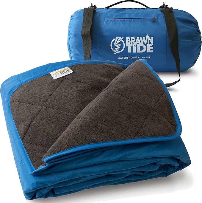 BRAWNTIDE Large Outdoor Waterproof Blanket - Extra Thick Fleece, Warm, Windproof, Sandproof, Quilted, 82" x 55", Ideal for Beaches, Picnics, Camping, Stadiums, Dogs, Car