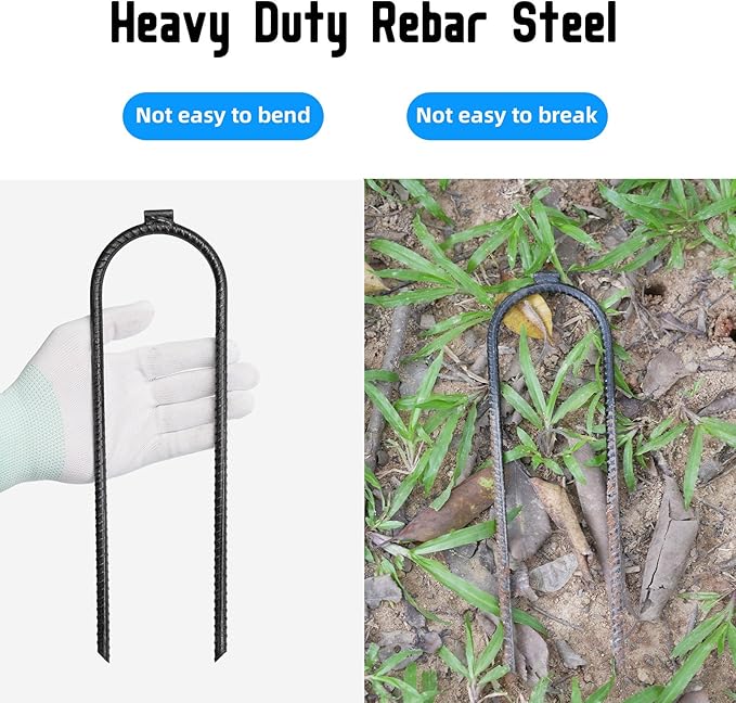 10"x3" U-Shaped Rebar Stakes - Heavy Duty Safety Ground Anchor for Trampoline, Wind Stake, Garden Fence, Landscape Edge, Outdoor Use