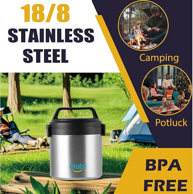 Elate 2-Quart Thermos Food Jar for Hot Food | 64oz Stainless Steel Vacuum-Insulated Camp Crock, Wide-Mouth Thermal Food Container, Portable Lunch Pot for Outdoor, Camping, Picnics, Trips, Potlucks
