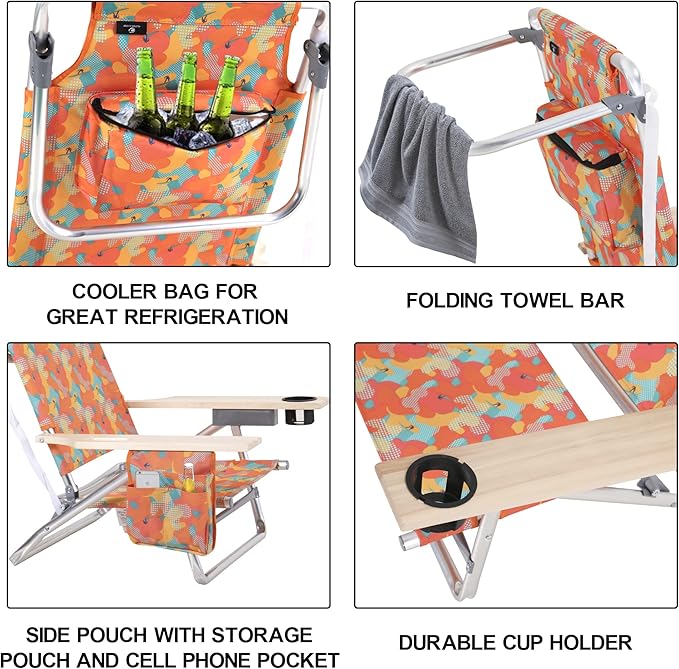 LET'S CAMP Backpack Beach Chair Set of 2, 5-Position Classic Lay Flat, Insulated Cooler Bag, Cup Holder, Storage Pouch and Tower Bar, Support 250LBS, Camo